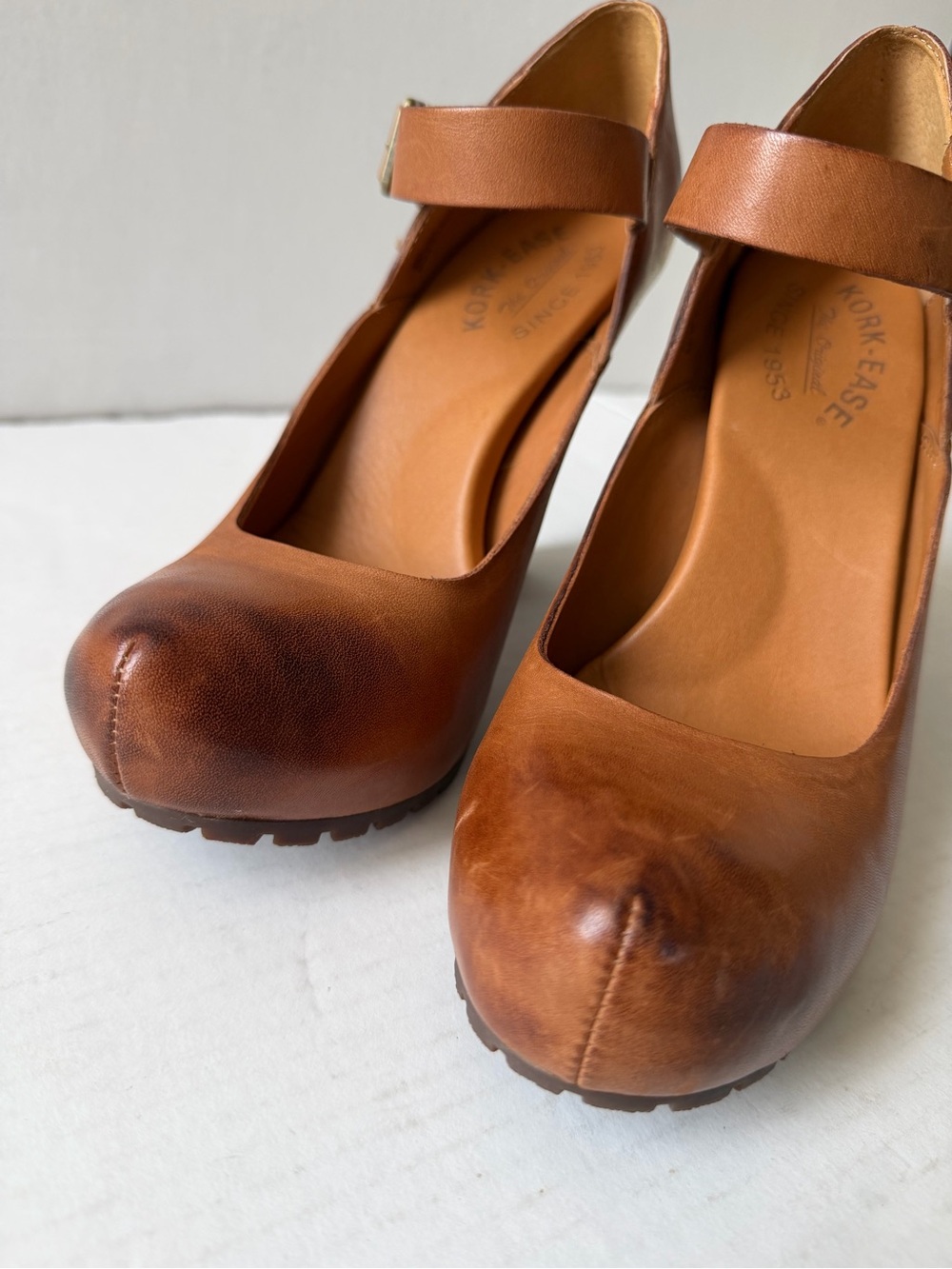 Kork-Ease Brown Leather Mary Jane Block Heel Pumps with Ankle Strap - Picture 5 of 9